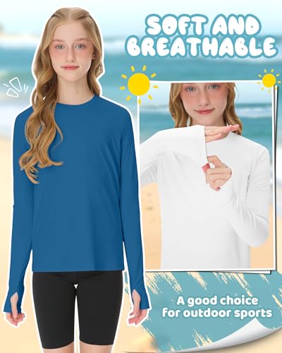 Image of 3 Pack Girls Rash Guard Swim Shirts 5-14Y UV Sun Protection Long Sleeve Thumb Hole Quick Dry T-Shirts UPF 50+ Tees