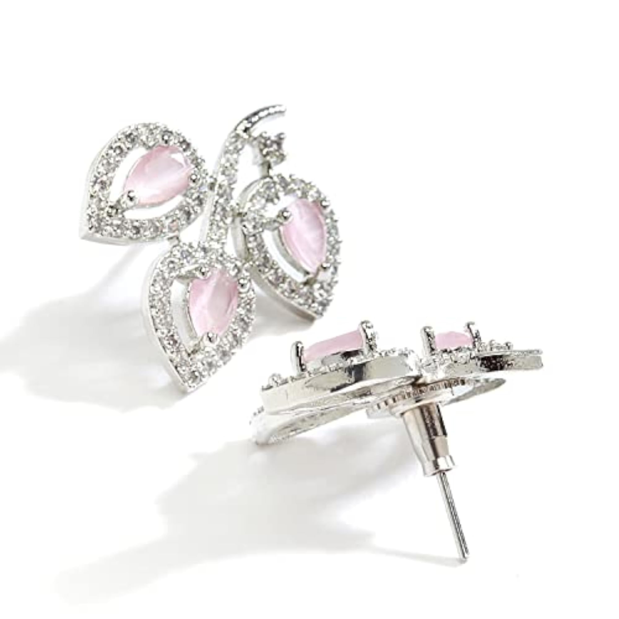 Leaf Shaped Rhodium Plated AD Stud Earring (Pink)
