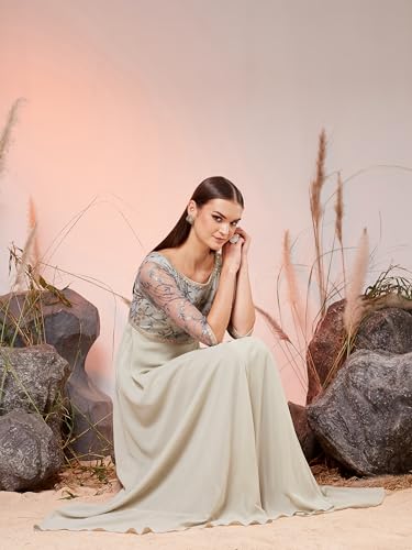 Image of Miss Chase Women's Round Neck Sleeve Embellished Fit Flare Maxi Dress