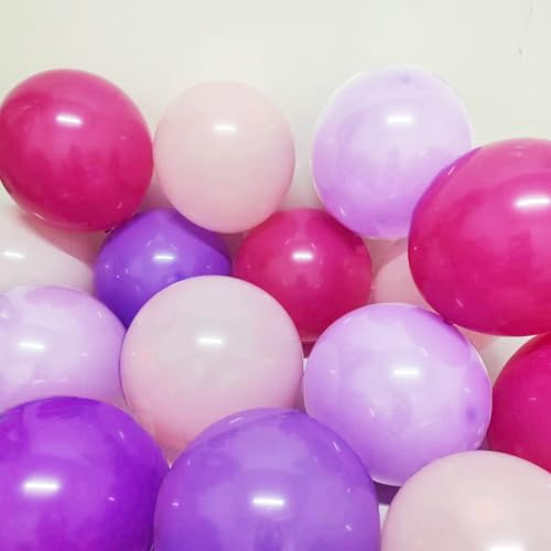 Image of 100pcs Pink and Purple Balloons 12 Inch with Ribbon for Party Decorations | Hot Pink Light Pink Pastel Purple and Purple balloons for Girls Women Birthday Wedding Party Decorations