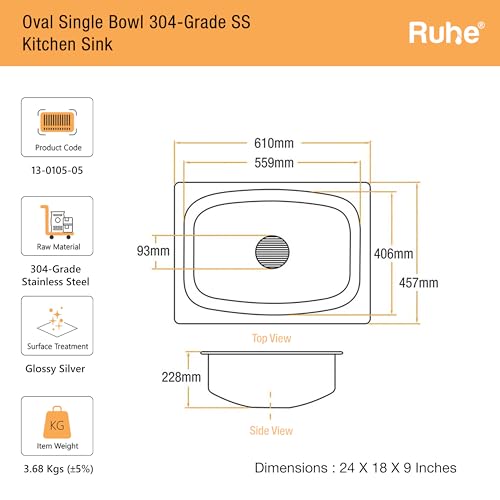 Image of Ruhe? Oval Single Bowl 24x18x9 Inches Kitchen Sink | 304-Grade Stainless Steel Oval Single Bowl Kitchen Sink | Glossy Finish | Including Sink Coupling and Waste Pipe