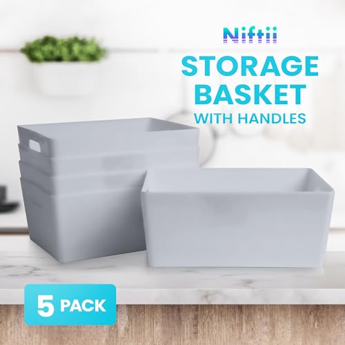 Niftii 5-Pack Plastic Storage Baskets with Sturdy Handles, Lightweight & Durable Design, Ideal for Kitchen, Bathroom, and Cleaning Organisation, 3.9L Capacity, 17 x 25 x 11cm