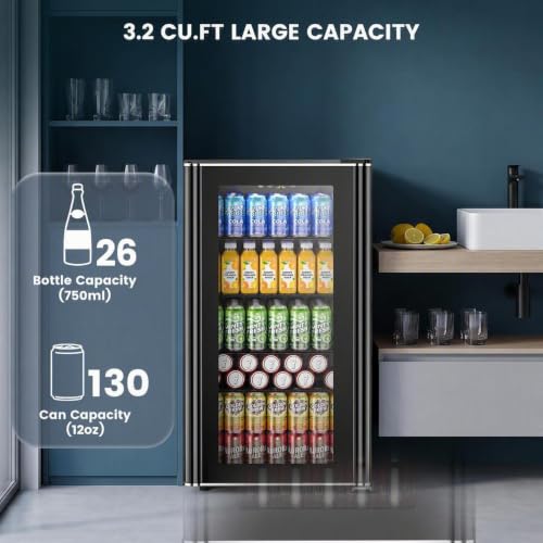 Image of Electactic 26 Bottle Wine Cooler 130 Can Beverage Refrigerator, Small Freestanding Cabinet Wine Cellar with 40℉-61℉ Temperature Control Glass Door, Black