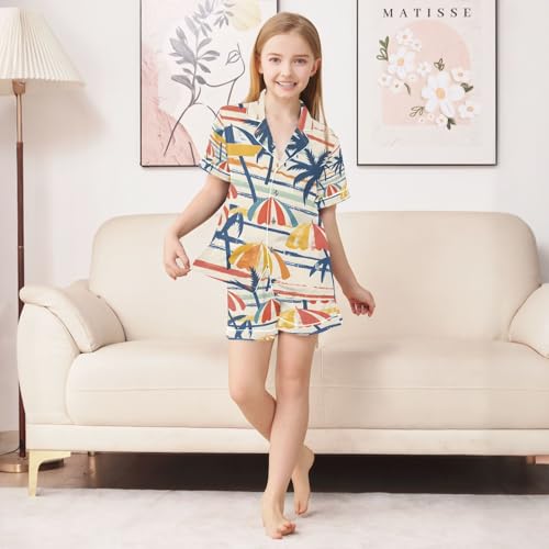senya Coconut Trees Umbrellas Satin Summer Pajama Sets Silk Short Sleeve Button Down Sleepwear4