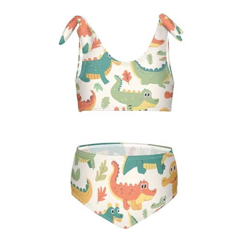 KLL Cute Cartoon Alligator Crocodile Palm Girls' Two Piece Bikini Set Beach Bathing Suit Swimwear Adjustable Shoulder Strap