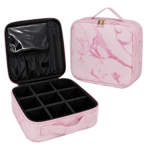 Image of SHAMAX Professional Makeup Case Organizer Bag for Women, Travel Cosmetic Kit Vanity Box with Adjustable Dividers, Portable Beauty Makeup Organiser & Cosmetic Travel Pouch (Marble Pink)