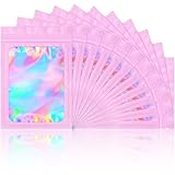 100 Pieces Smell Proof Mylar Bags- Resealable Holographic Packaging Pouch Bag with Clear Window for Food Storage Eyelash Jewelry Electronics Storage (Pink, 4 x 6 Inch)
