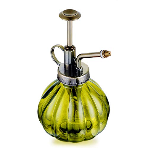 PPOVEN Plant Mister Flower Water Spray Bottle Can Pot | Vintage Transparent Ribbed Glass Spray Empty Bottles Yard Garden Tool Retro Style Watering Bottle Spray Pump Spout Cap (Green)