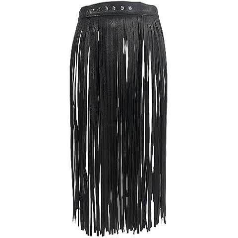 KKmeter Women PU Leather Long Fringe Skirt Waist Belt Girdle Adjustable Buckle Rave Rocker Dance Performance Costumes (Black, Large) Cover