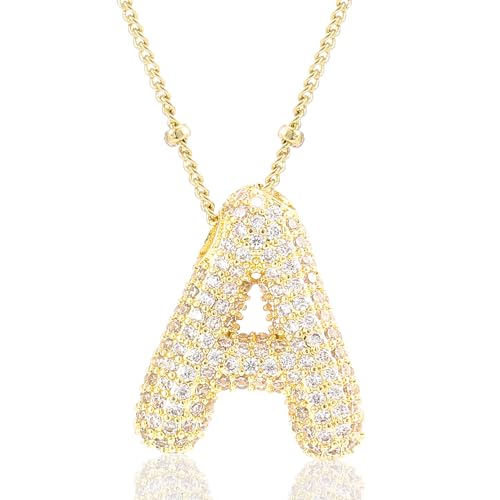CCINPPY Letter Necklace, 14k Gold Plated Bubble Balloon Dainty Necklace for Women, Chunky Initial Charm Pendant Name Necklac e Personalized, Gold, Letter A