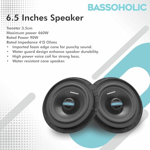 Image of Bassoholic 6.5 inch Two-Way Coaxial Car Speaker with High Bass, Water-Resistant Rubber Cone, Subwoofer-Ready, Perfect 6.5-Inch Speaker for Car with Punchy Sound