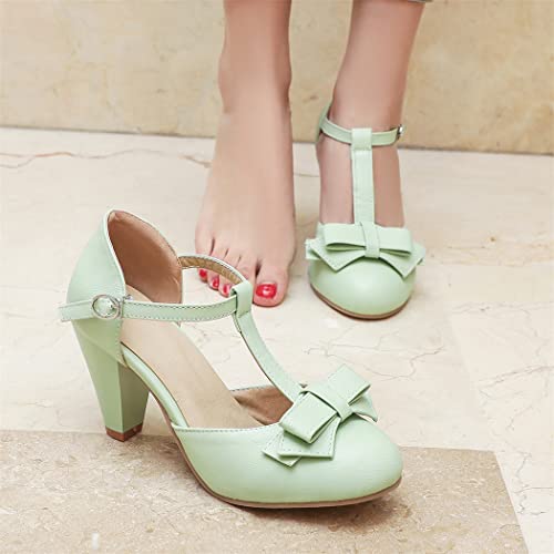Image of Elbslutt Women's Cute Retro Rockabilly Shoes T Strap Mary Janes Heels Chunky Cosplay Shoes Sweet Block Heeled Bow Pumps