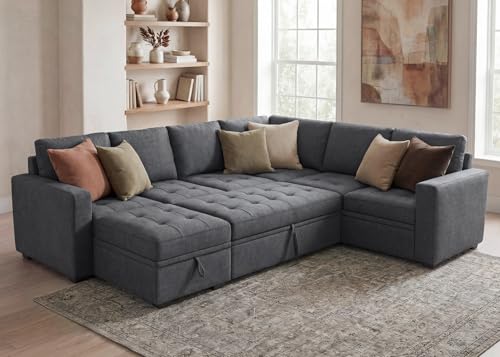 Image of HONBAY Modular Sectional Couch with Pull Out Bed Sleeper Sofa with Storage U Shaped Modular Sectional Couches for Living Room,Warm Bluish Grey