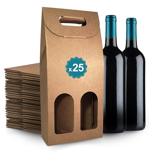 25 Cajas de Cartón Marrón Vacías para 2 Botellas 18x9x40cm | Estuches para Regalo y Embalaje de Vino | Maletas de Vino para Regalar: Pascua, Cumpleaños, Navidad