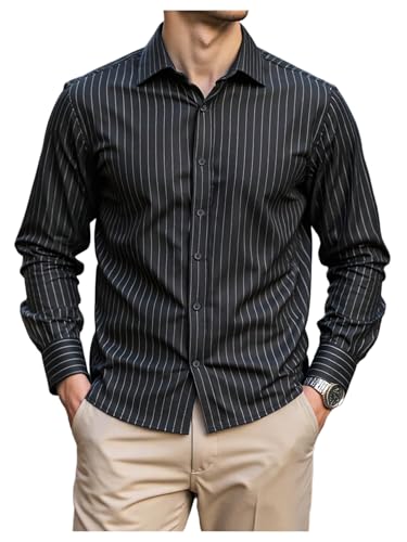 GORGLITTER Men's Striped Button Down Dress Shirt Long Sleeve Collar Office Work Tops