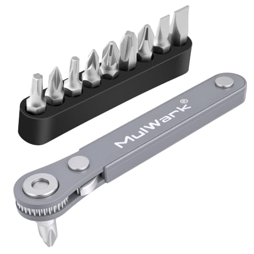 MULWARK 11pc Right Angle Screwdriver 1/4 Mini Ratchet Wrench Close Quarters Pocket Screwdriver Set with High Torque & Low Profile- EDC Tool with 90 Degree Mini Offset Reversible Drive Handle