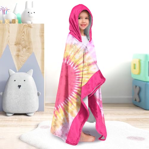 Image of Heart-shaped Print Girls Beach Towel with Hoodie for Kids Toddlers Age 4-8, Pink Blue Bath Towels Shower Wrap for Girls, Hooded Poncho Beach Blanket for Pool Swimming Wearable Bath Towel for Child