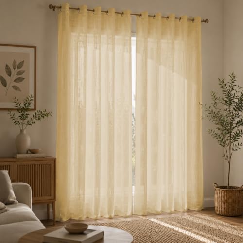 Image of LINENWALAS Aesthetic Sheer Curtains 9 Feet Long Set of 2, Poly Linen Shrink & Fade Proof Drapes for Long Door Semi Transparent Modern Panels with Grommet Hanging for Living Room (Golden Beige /9 Feet)