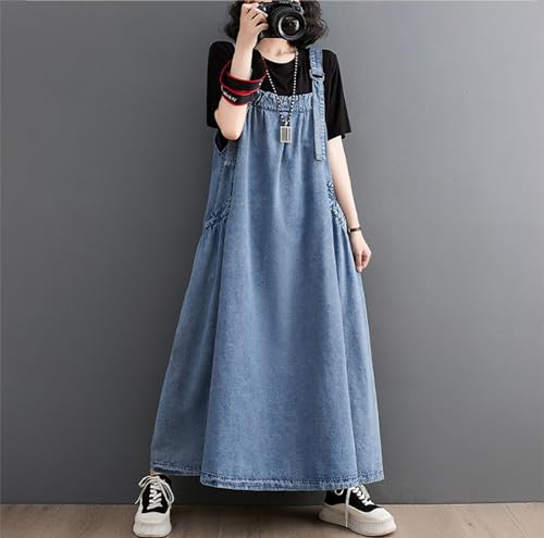 Image of Women's Casual Loose Denim Dress Sleeveless Adjustable Straps Denim Jumper Dress with Pockets
