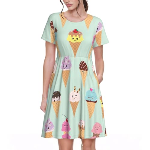 ice cream dress ladies Ice Cream Cones Womens Summer Dress Casual Swing Short Sleeve Sundresses  Beach A-Line Shift Dress with Pockets at Amazon Women's Clothing store