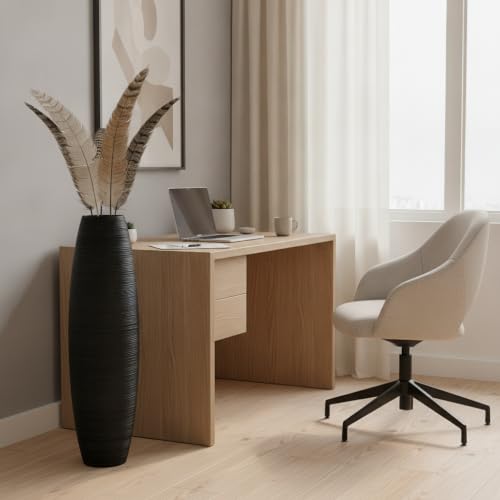 Image of Large Floor Vase 35.4 inch Matte Black, Resin Wide-Body Vase with Horizontal Ribbed Texture for Dried Pampas Grass Branches, Modern Home Decor for Living Room Corner Entryway