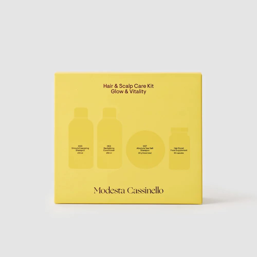 Modesta Cassinello – Pack Cuidado Capilar – Champú Brillo y Vitalidad + Acondicionador Revitalizante + Champú Sal Marina 20g + Hair Boost – Rutina Completa – Cabello Apagado, Sensible y Teñido