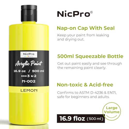 Image of Nicpro Lemon Yellow Large Acrylic Paint (16.9 oz, 500 ml), Rich Pigments | Non Toxic Craft Paint for Multi Surface, Canvas, Wood, Fabric, Stone - Art Painting Supplies for Beginners, Artists & Adults
