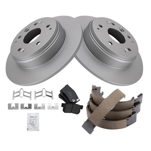 Image of TRQ Rear Brake Pad and Rotor Set Semi Metallic G Coated Rotors Parking Shoe Compatible with 2004-2008 Acura TL 2003-2011 Honda Element