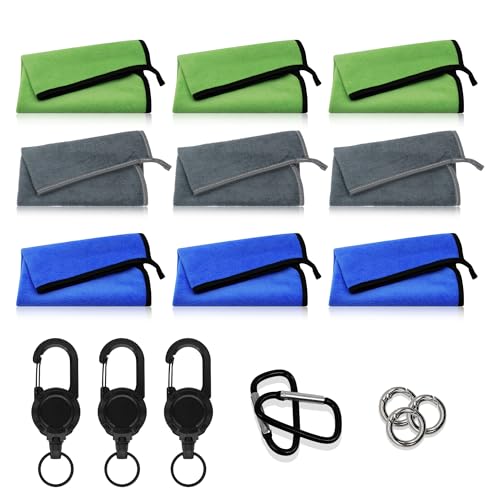 mayoken 9 Pack Mixed Color Fishing Towels with Clips & Zinger Retractors Quick-Dry Absorbent Microfiber Bait Towels for Fishing Boating Kayaking Camping & Hiking