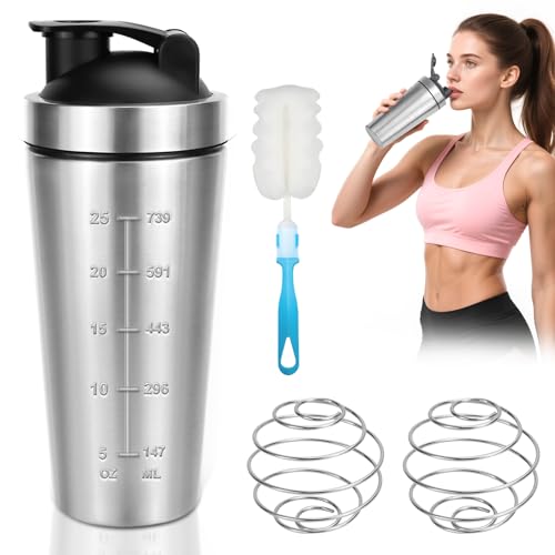 Amazon QGGTQG Protein Shaker Stainless Steel, 750 ml Shaker Protein Shake with Shaker Ball and Cup Brush, Indoor and Outdoor Graduated, Double Mixing, Fitness Shaker for Fitness, Cycling, Gifts, Silver #ad