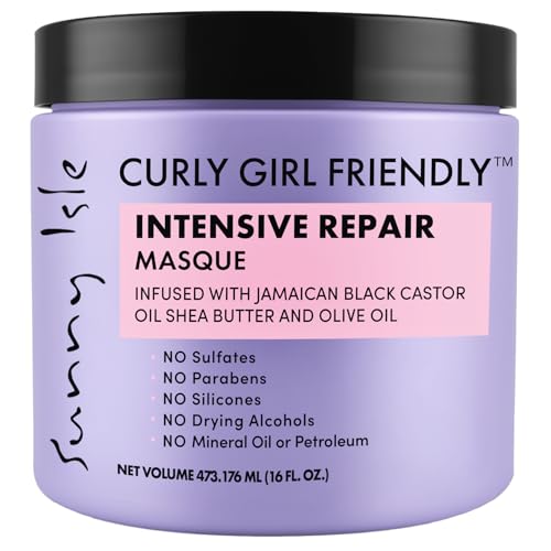 Sunny Isle Curly Girl Friendly Intensive Repair Masque, Deep Conditioning Mask Treatment, Curly, Dry, Damaged, Wavy & Coily Hair (2C–4C), Jamaican Black Castor Oil & Shea Butter, 16oz