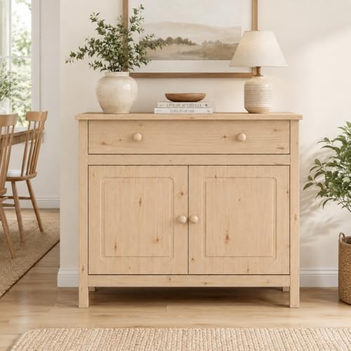 From the Tree Furniture 44 Wide Solid Pine Shaker Sideboard Buffet Cabinet 2 Doors with Adjustable Shelf & 1 Drawer Anti-Tip Anchor Included Stain-Ready for Dining Room Kitchen & Entryway