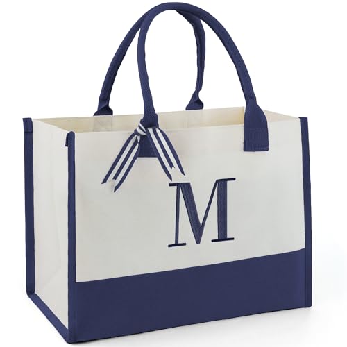 Image of BeeGreen Embroidery Monogram Canvas Tote Bag Initial Personalized Gifts Bags for Birthday Beach Work Wedding Gift Basket for Women Teacher Mom Friend Coworkers Sister Nurse Cute Totes Navy (Letter M)