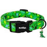 Astdogio Medium Dog Collars for Male Dogs, Boy Dog Collars with Dinosaur Pattern，Adjustable Cotton Green Collar for Puppy Dog，Ideal, Daily Photos & Pet Fashion Accessory