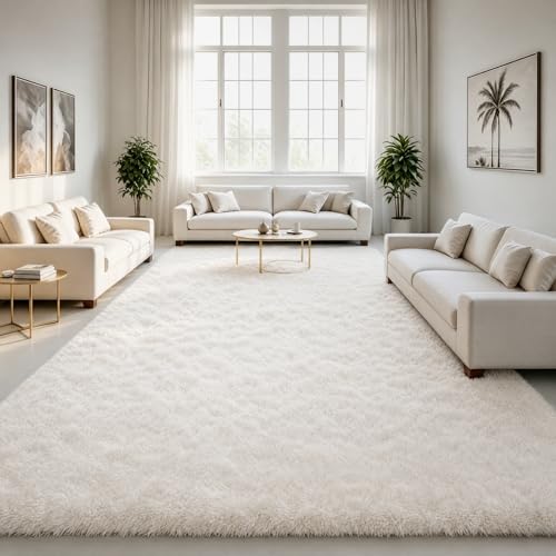 Image of LOCHAS Ultra Soft Indoor Modern Area Rugs Fluffy Living Room Carpets for Children Bedroom Home Decor Nursery Rug 8 x10 Feet, Cream | Ultra Soft Indoor Modern Shaggy Rug for Dorm Nursery Boys Girls Home Decor