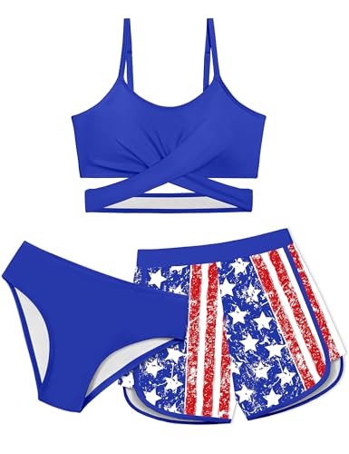 Image of Girls Swimsuit 3 Piece Bathing Suit Criss Cross Bikini Set Girls' Swimwear with Shorts 7-16T