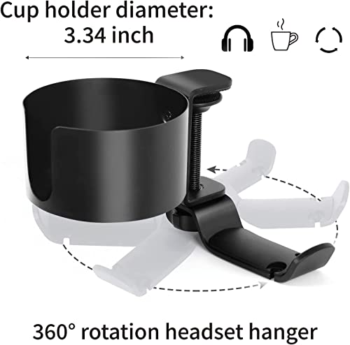 Desk Cup Holder with Headset Holder, Anti Spill with 360 Degree Rotatable Headphone Hanger Holder, Clip on Easy Installation for Water Bottles, Backpack, Cup