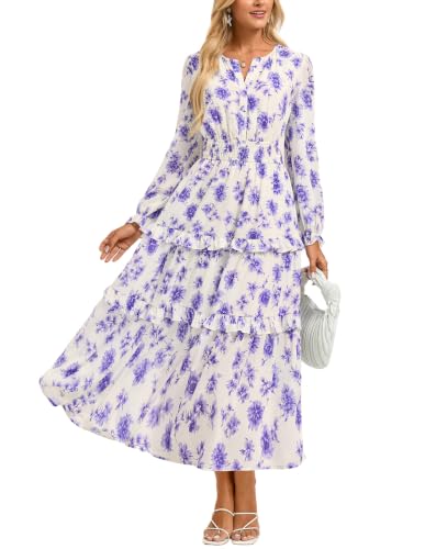 GRACE KARIN Women's Floral Long Sleeve Maxi Dress 2026 V Neck Fall Wedding Guest Outfits Boho Flowy Dresses with Pockets Purple Floral L