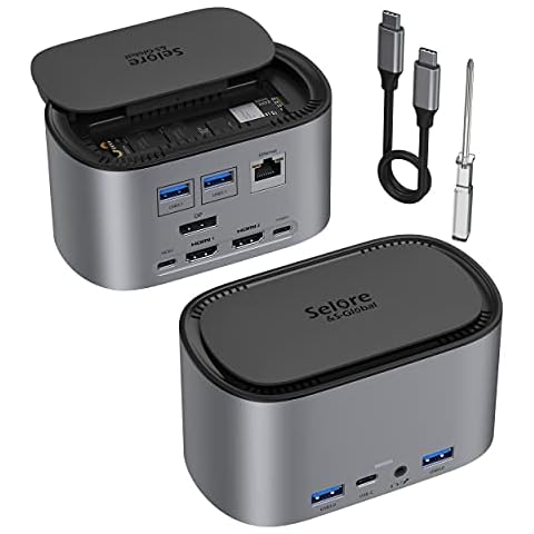 Docking Station, SELORE Upgraded USB C Triple Disaply Docking Station to Dual 4K HDMI,DP,2X(USB 3.1,+USB 3.0+USB C Data) Ports,87W PD3.0,RJ 45,Audio,10Gb M.2 NVME SSD Enclosure Dock,13-in-1 Cover