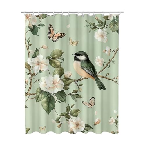 Rideau de douche vert sauge imperméable rideau douche oiseau polyester lesté 180x200 cm - 2