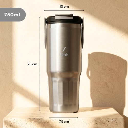 Image of FLAIR Vibe Vacuum Insulated Tumbler 750 ml Stellar Grey | 2-in-1 Lid (Straw & Sip) | 304 Stainless Steel | Leak-Proof Travel Mug with Handle | Hot & Cold | BPA-Free