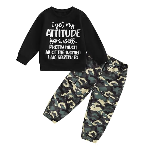 Image of wdehow Toddler Kids Baby Boy Fall Outfits 1T 2T 3T 4T 5T Letter Print Long Sleeve Tops Camouflage Pants Winter Clothes Sets