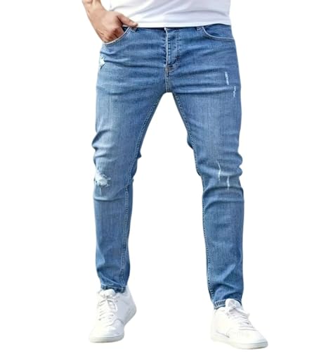 Jeans Pants Trousers Denim Street Trendy Slim Fit Elastic Water Washed Grinding White Personalized Small Leg for Men