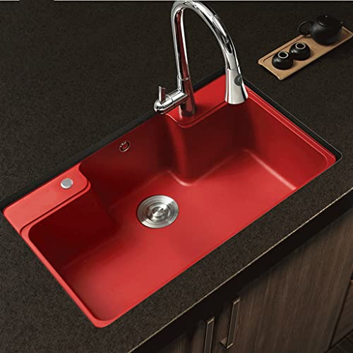 Fregadero de Piedra de Cuarzo para Cocina, Lavabo Grande de una Sola Ranura, Lavabo de encimera de Granito Rojo y Rosa (Rojo 780 * 480 * 220mm)