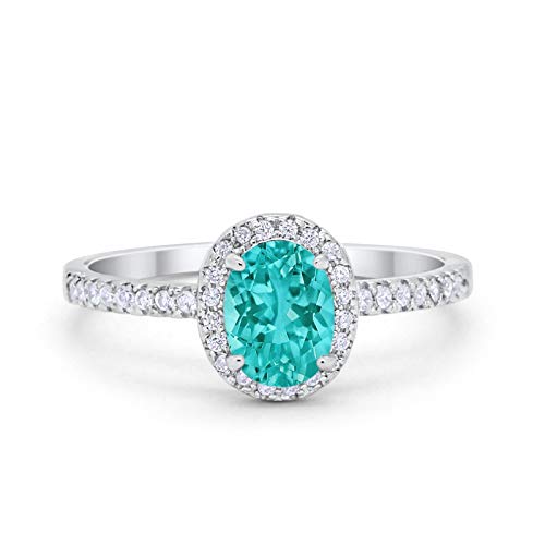 Blue Apple Co. Simulated Paraiba Tourmaline CZ Size-5 Halo Wedding Engagement Ring Oval Round Simulated Cubic Zirconia 925 Sterling Silver