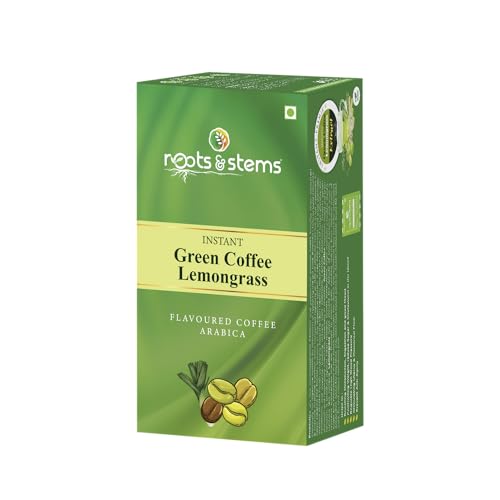 Image of roots & stems Green Coffee Lemongrass | Instant Premix Extract Powder with Probiotic | Arabica, Flavoured Coffee |100g (5gx20 Sachets) Pack of 1