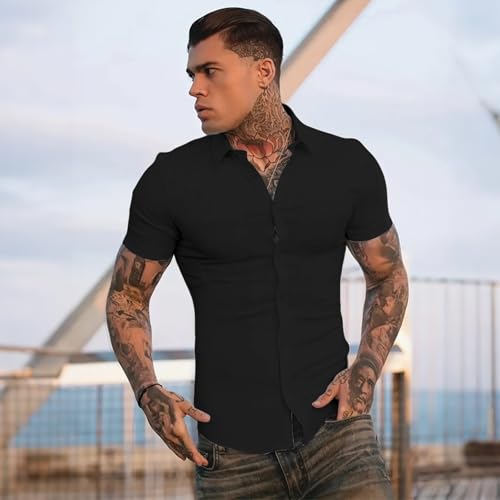 Men’s Slim fit Muscle Dress Shirts Short Sleeve Button Down Shirts for Men Wine Red3