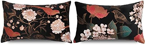 DADAFISHER Golden Print Velvet Decorative Throw Pillow Covers 12x20 Inch, Vintage Bird Floral Outdoor Indoor Lumbar Cushion Case, Home Decor Couch Accent Rectangle Pillowcases Pack of 2