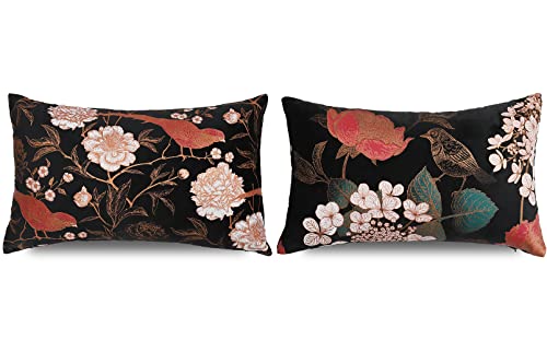 Dadafisher Golden Print Velvet Decorative Throw Pillow Covers 12X20 Inch, Vintage Bird Floral Outdoor Indoor Lumbar Cushion Case, Home Decor Couch Accent Rectangle Pillowcases Pack Of 2 #TOP19