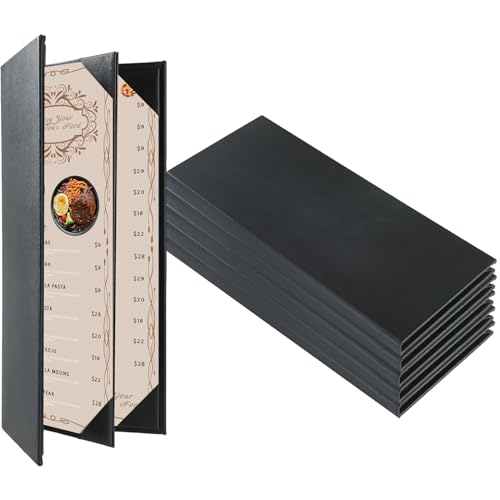 FLKQC Restaurant Menu Covers Holders 4.25" x 11" | Pack of 5 Synthetic Leather Triple Fold Panels 4 View Angled Corners Black for Wine List, Drinks (5, Triple Fold Panels 4 View (4.25 x 11 inch))